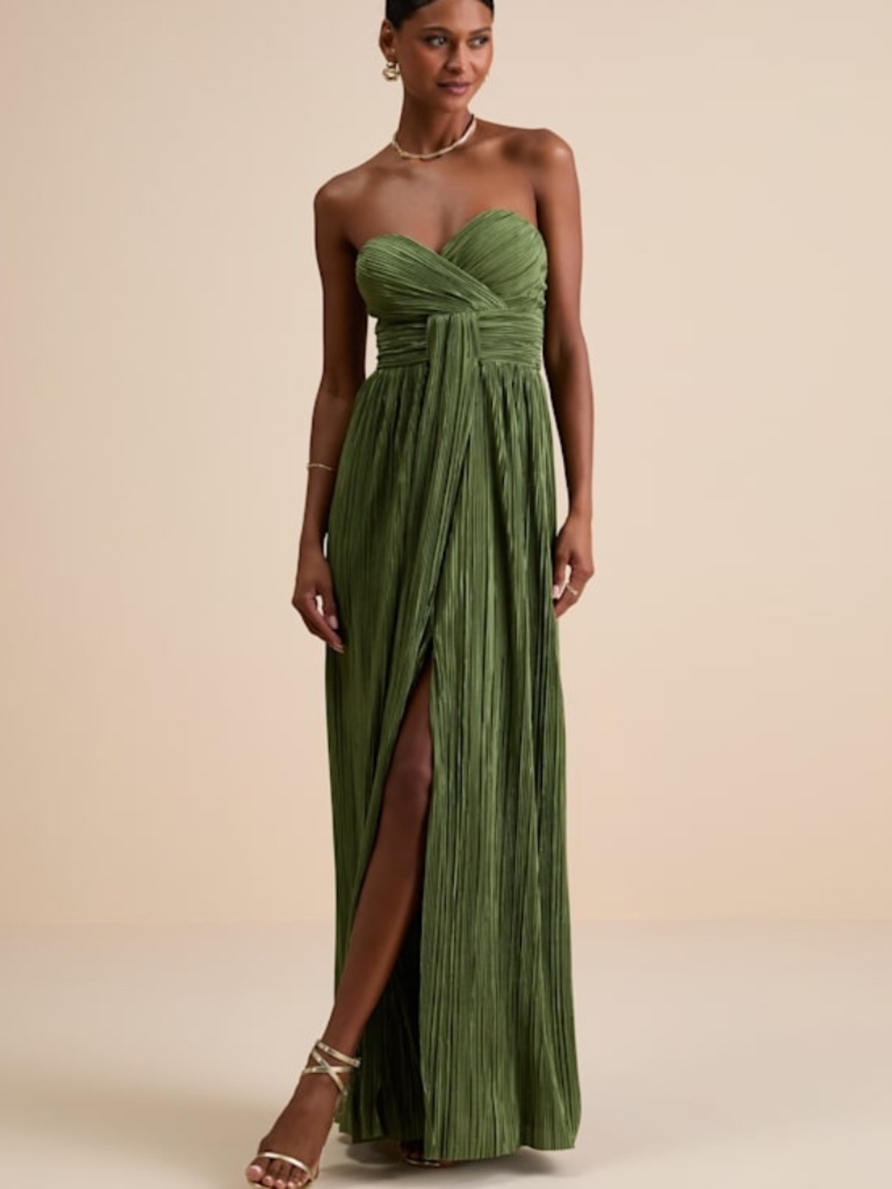 Lulus Oswin Olive Green Satin Plisse Strapless Maxi Dress - Size XS